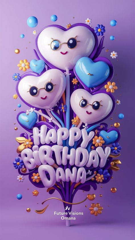 Happy Birthday Pubmat Ideas, Best Birthday Video Maker App, Purple And Gold Color Palette, Happy Birthday Dana, Floating Bubbles, Playful Typography, Lilac Background, Gold Color Palette, Vibrant Poster