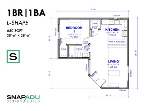 ADU Floor Plan - 1 Bedroom ADU plan under 650 sqft - SnapADU L Shaped Tiny House Plans, L Shape Tiny House Floor Plans, One Bedroom Adu Floor Plans, Adu Plans One Bedroom, 1 Bedroom Adu, L Shaped Tiny House, Unit Floor Plan, Adu Floor Plans, Adu Plans