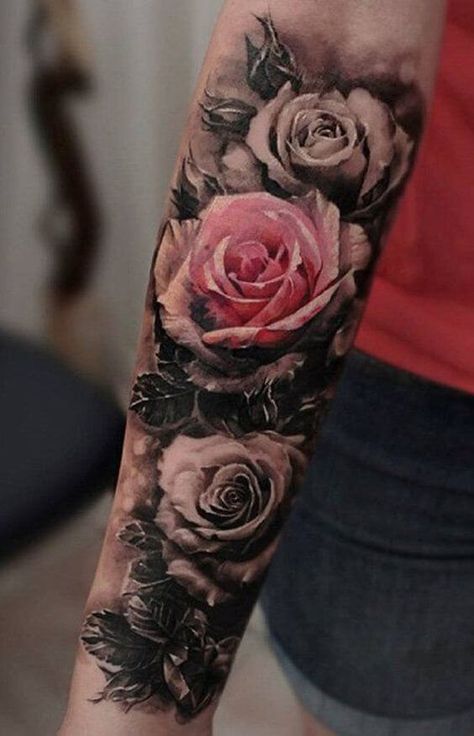 Roses are remarkable in that they are capable of conveying different tones of messages. In this tattoo design, the roses serve to elucidate the meek, yet awe-inspiring love of the wearer. The architecture includes three roses, one of which is colored. This symbolizes the special ‘breath of life’ the wearer has that sets her apart from the rest of the world. Tato Mandala, Rose Tattoo Sleeve, Rose Tattoos For Women, Neck Tattoo For Guys, Cat Tattoos, Tato Lengan, Geniale Tattoos, Rosen Tattoo, Tattoos Skull