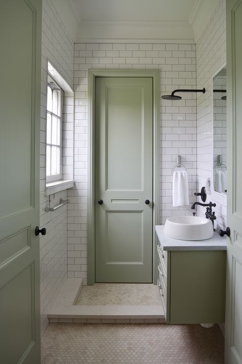 45 Interior Door Color Ideas You’ll Want To See Green Pantry Doors, Green Door Bedroom, Green Painted Doors Interior, Sage Green Pantry Door, Green Door Colors, Inside Door Color, Paint Inside Door, Green Interior Doors, Sage Door