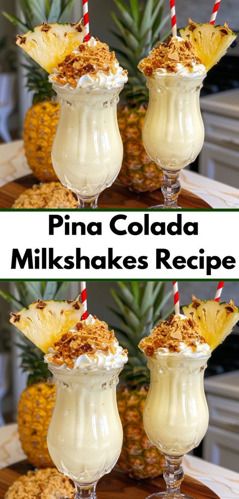 Want a refreshing drink? Try our Pina Colada Milkshakes Recipe. This milkshake recipe blends pineapple and coconut, making it one of the best milkshakes recipes for a cool, tropical treat. Pina Colada Milkshake Recipe, Pina Colada Milkshake, Pineapple Milkshake Recipe, Creamy Pina Colada, Pina Colada Recipe Non Alcoholic, Milkshakes Recipes, Alcoholic Milkshake, Pina Colada Drinks, Best Milkshakes