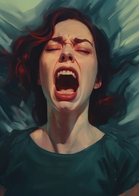 Painting of beautiful woman with brown red hair wearing green, exaggerated expression of pain and sadness Screaming Woman Drawing, Woman Screaming Drawing, Girl Screaming Reference, Angry Woman Art, Angry Woman Drawing, Woman Screaming Art, Screaming Reference, Woman Scared Drawing, Horrified Expression