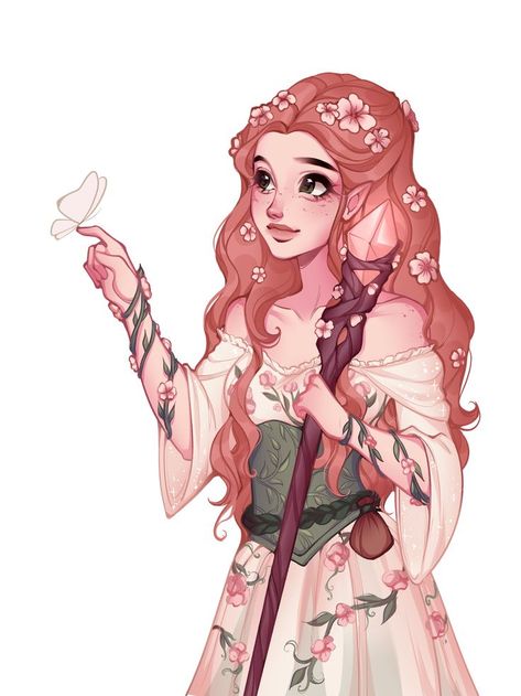 Pink Fairy Drawing, Forest Nymph Character Design, Druid Elf Female, Pink Haired Elf, Dnd Druid Character Design, Eladrin Druid, Forest Nymph Art, Druid Oc, Druid Character