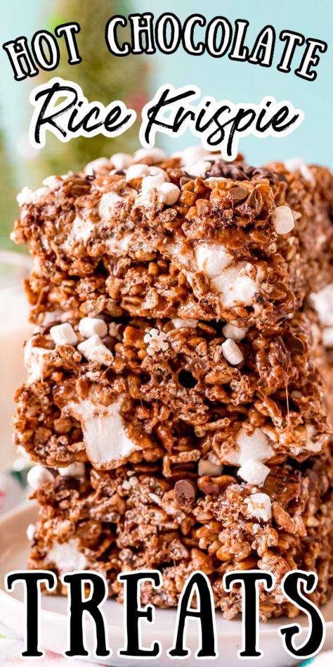 These Hot Chocolate Rice Krispie Treats are loaded with sweet marshmallows and chocolate flavor! They even have hot cocoa mix in them and are the perfect no-bake treat for winter! via @sugarandsoulco Chocolate Peppermint Rice Krispie Treats, Hot Cocoa Rice Crispy Treats, Milky Way Rice Krispie Treats, Hot Coco Rice Krispies, Coco Rice Krispie Treats, Santa Rice Crispy Treats, Rice Crispy Dipped In Chocolate, Coco Rice Crispy Treats, Hot Cocoa Rice Krispie Treats