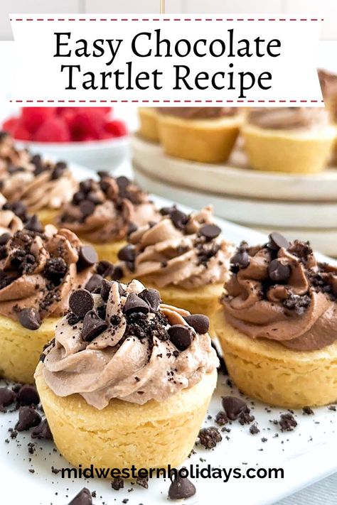 Chocolate Tartlets with buttery shortbread tart shells and rich, fluffy chocolate mousse filling are an irresistible, bite-sized treat. Perfect mini desserts for holidays or family gatherings. Chocolate Tartlets, Shortbread Tart, Easy Cream Pie, Chocolate Mousse Filling, Mini Tart Recipes, Shortbread Cookie Crust, Caramel Dessert, Caramel Dessert Recipes, Chocolate Tarts Recipe