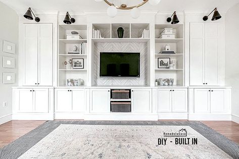 Large Wall Unit Entertainment Center, Built Ins Not Wall To Wall, Ikea Hack Entertainment Center Built Ins, Entertainment Center Tall Ceilings, Built Ins With High Ceilings, Large Entertainment Center Living Room, Tv Entertainment Center Decor, Game Room Entertainment Center, Full Wall Entertainment Center