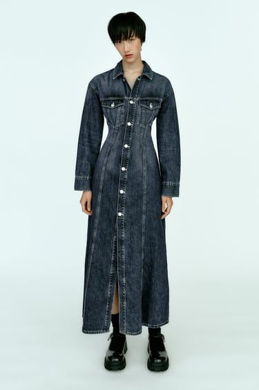 New Mkt Woman | ZARA United Kingdom Long Denim Dress, Smart Casual Work Outfit, Blue Plaid Dress, Slim Dress, Denim Patterns, Short Sleeve Mini Dress, Slim Dresses, Daily Dress, Mini Dresses Summer