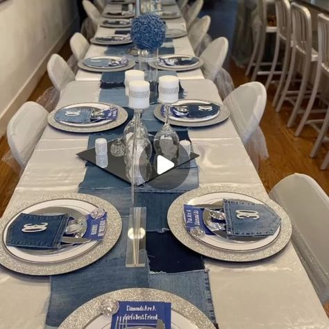 Nicole on Instagram: "Denim & Diamonds 💎 

Check out our cuztom centerpieces! 👀

Event Decor: @cuztom.couture.creationz 

All decorated with love, patience, & dedication!

I do not own copyrights to this music!

#denimanddiamondsparty #denimanddiamonds #30thbirthday #dmveventplanner #dmvpartyplanner #dmvparties #birthdaypartytheme #adultparties #dmvevents" Diamond And Denim Party Ideas Table Decorations, Denim And Diamonds Centerpieces, Denim And Diamonds Party Decorations, Denim Decorations, Denim Table Decor, Denim And Diamonds Party, Diamonds And Denim Party, Denim Diamonds, Love Patience