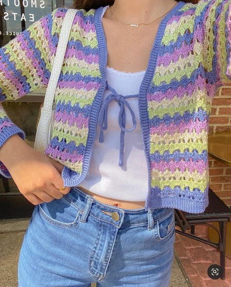 crochet craft outfit knit pastel y2k vintage fashion fit style jeans white tank top knitting cardigan sweater summer Crochet Y2k Cardigan, Jeans Crochet Ideas, Pastel Crochet Sweater, Crochet Sweater Vests, Cardigan Tank Top Outfit, Pastel Crochet Cardigan, Pastel Crochet Ideas, Pastel Y2k Outfit, Pastel Outfits Summer