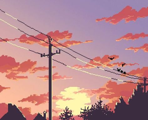 𝑷𝒊𝒏𝒕𝒆𝒓𝒆𝒔𝒕: 𝒉𝒐𝒏𝒆𝒆𝒚𝒋𝒊𝒏 ❀ Pixel Art Gif, Pixel Art Landscape, Pixel Art Background, Arte 8 Bits, 8bit Art, Power Lines, Japon Illustration, Seni Cat Air, Lukisan Cat Air