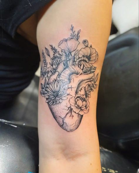 Heart Tattoo Sleeve, Blooming Heart Tattoo, Heart Bouquet Tattoo, Atomically Correct Heart Tattoo With Flowers, Nursing School Tattoos, Tattoo Heart With Flowers, Head And Heart Tattoo, Guarded Heart Tattoo, Proverbs 4 23 Tattoo