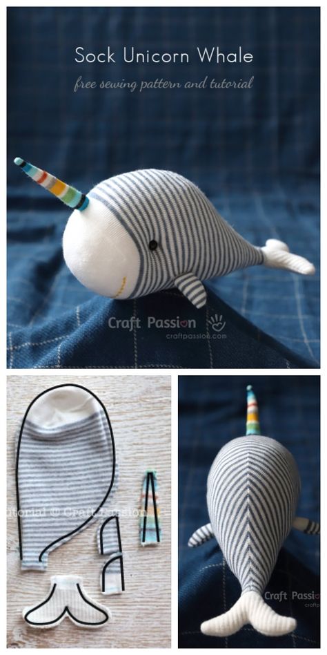 DIY Sock Unicorn Whale Free Sewing Pattern & Tutorial Coin Purse Tutorial, Diy Sewing Gifts, Sock Dolls, Diy Socks, Sock Crafts, Sewing Stuffed Animals, Diy Bricolage, Free Sewing Pattern, Sock Animals