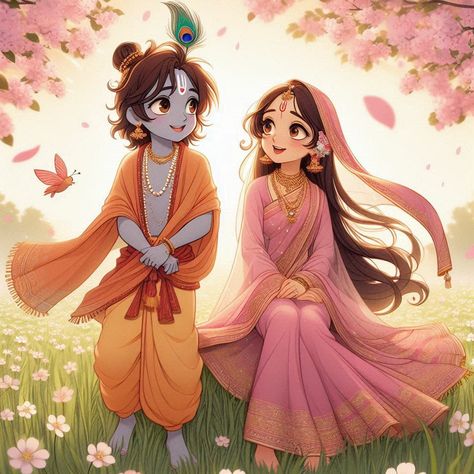 Radha Krishna Photo Cartoon, Radha Krishna Pfp, Radha Anime, Romantic Radha Krishna Images, Father Daughter Poses, Unique Radha Krishna Images, Cartoons Krishna, God Painting, Potrait Painting