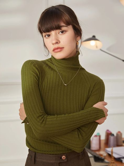 Mustard Green, Colour Analysis, Simple Retro, Mustard Greens, Ribbed Turtleneck Sweater, Fitted Turtleneck, Clothing Retail, Womens Turtleneck, Ribbed Turtleneck