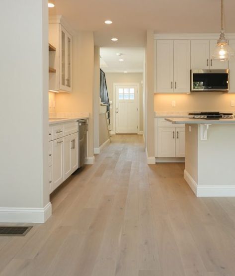 Neutral Floors And Walls, White Oak Floors With Cream Walls, Light Floors In Living Room, Basement Light Flooring, Wood Floor With White Cabinets, Wooden Flooring For Kitchen, Kitchen Ideas Light Floors, Simple Flooring Ideas, Living Room Designs Light Floor