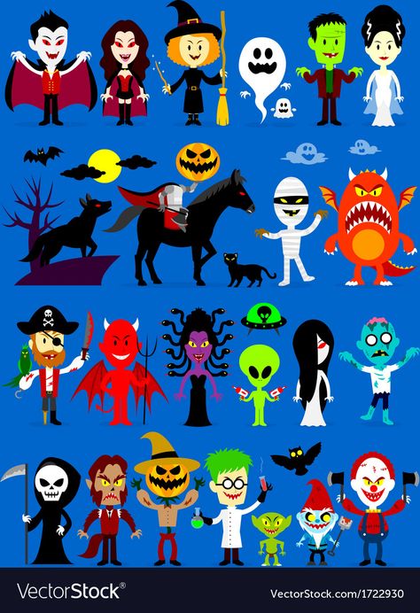 Classic Halloween Monsters, Halloween Cartoon Characters, Mummy Monster, Frankenstein And His Bride, Halloween Cutouts, Halloween Creatures, Halloween Monsters, Family Vector, Halloween Characters