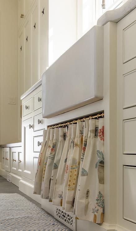 Cottage Style Mudroom, Establish Design, Blue Beadboard, Beadboard Trim, Cottage Laundry Room, Ivory Cabinets, Built In Window Seat, Sink Skirt, Warm Wood Flooring