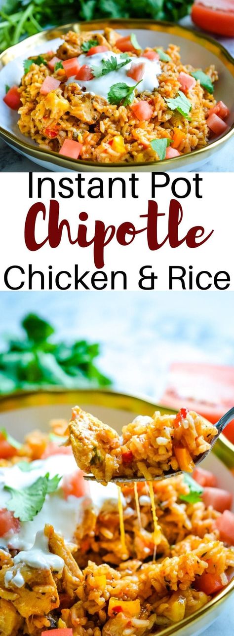 Instant Pot Chipotle Chicken Bowls, Mexican Chicken Rice Instant Pot, Chipotle Chicken Instant Pot, Instant Pot Chicken And Rice Recipes, Moes Seasoned Rice Recipe, Moes Copycat, Chipotle Chicken And Rice, Fusion Tacos, Simmering Pot