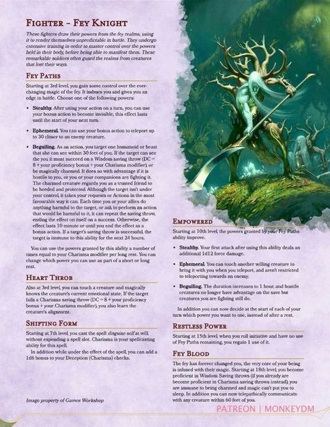 (Fighter) Fey Knight Dnd Subclasses, Homebrew Classes, Dnd 5, Dungeons And Dragons Races, Dnd Homebrew, D D Classes, Dnd Classes, Dnd Races, Dungeons And Dragons Classes