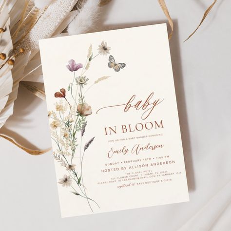 Wildflower Baby in Bloom Baby Shower Terracotta Invitation Wildflower Baby Shower, Gender Neutral Baby Shower Invitations, Boho Baby Shower Invitations, Baby In Bloom, Bloom Baby, Boho Baby Shower, Gender Neutral Baby Shower, Baby Shower Invites For Girl, Free Birthday Invitations