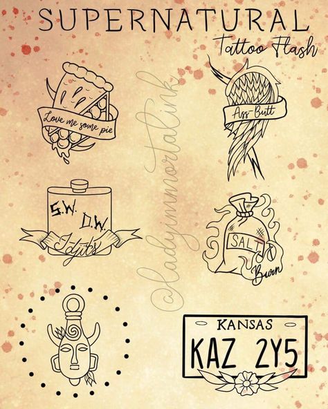 Supernatural Inspired Tattoo Flash Sheet. @ladyimmortalink #supernatural #supernaturaltattoos #tattoos #flashsheet Small Supernatural Tattoo Ideas, Movie Tattoo Flash Sheet, Supernatural Doodles Easy, Tiny Supernatural Tattoo, Supernatural Flash Tattoo, Supernatural License Plate Tattoo, Supernatural Minimalist Tattoo, Supernatural Sleeve Tattoo, Cute Supernatural Tattoos