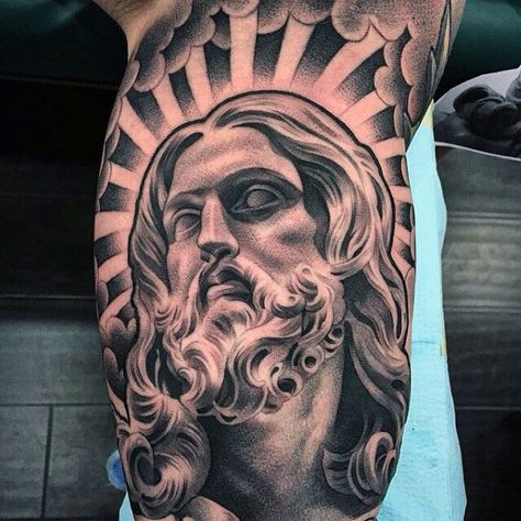 60 3D Jesus Tattoo Designs For Men - Religious Ink Ideas Jesus Arm Tattoo, Lil B Tattoo, Tattoo Jesus, Jesus Tattoo Design, Arm Tattoo Designs, Inner Bicep Tattoo, Christ Tattoo, Omerta Tattoo, Statue Tattoo