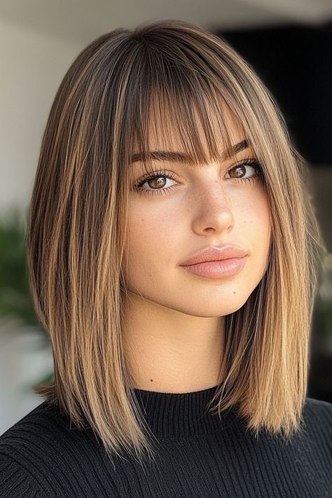 Sleek Straight Lob with Blunt Bangs, shoulder length haircut with fringe Shoulder Length Haircuts With Bangs, Haircut With Fringe, Cute Shoulder Length Haircuts, Straight Lob, Lob Haircut With Bangs, Shoulder Length Haircut, Bob Hair Styles, Edgy Hair Color, Shoulder Length Haircuts