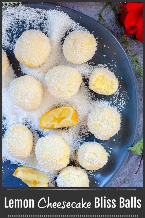 Perfect Lemon Bliss Balls that taste like a little bite of rich creamy lemon cheesecake.  They’re super easy to make with only six ingredients, as well as being under 100 calories per serve.  Bliss balls that taste like cheesecake. #blissballs #lemonblissballs #lemoncheesecake #refinedsugarfree #healthydessert #healthysnack #mysugarfreekitchen via @https://au.pinterest.com/sugarfreekitc/my-sugar-free-kitchen-on-the-blog/ Sugar Free Baking Recipes, Sugarfree Cheesecake Recipes, Clean Eating Baking, Cheesecake Balls, Sugar Free Snacks, Raw Snacks, Sugar Free Cheesecake, Sugar Free Baking, Easy Sweets