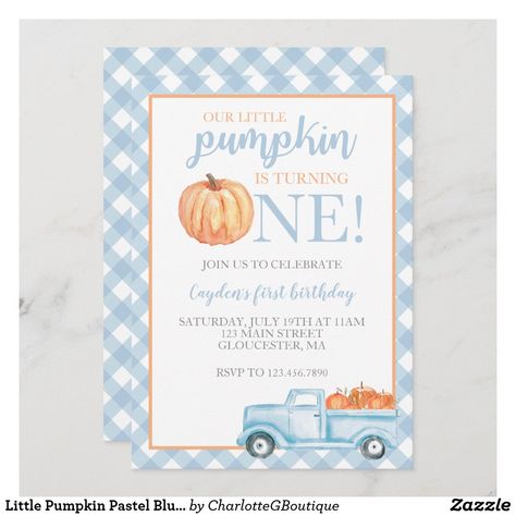 Fall First Birthday, Fall 1st Birthdays, Pumpkin 1st Birthdays, Pumpkin Invitation, Pumpkin First Birthday, Autumn Invitations, Pumpkin Birthday, Blue Truck, 2nd Birthday Invitations