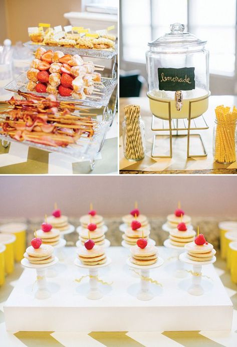 Mini brunch ideas — pancake stacks, strawberry & donut hole kabobs & more... 1st Birthday Brunch, Pancake Bars, Birthday Brunch Ideas, First Birthday Brunch, Christmas Brunch Party, Baby Shower Brunch Food, Birthday Breakfast Party, Strawberry Donut, Football Friday