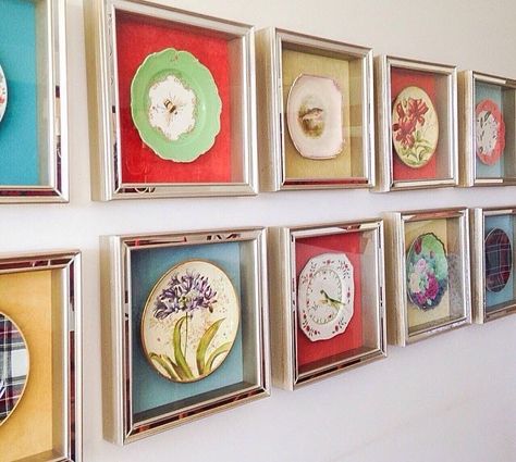 Plates In Frames Wall Decor, Nook And Cranny Ideas, Displaying Plates Ideas, Display Plates Ideas, Framed Vintage Plates, Framed Plates On Wall, Tiny Picture Frames Ideas, Decorative Plate Display Ideas, Decorating With Plates On Wall