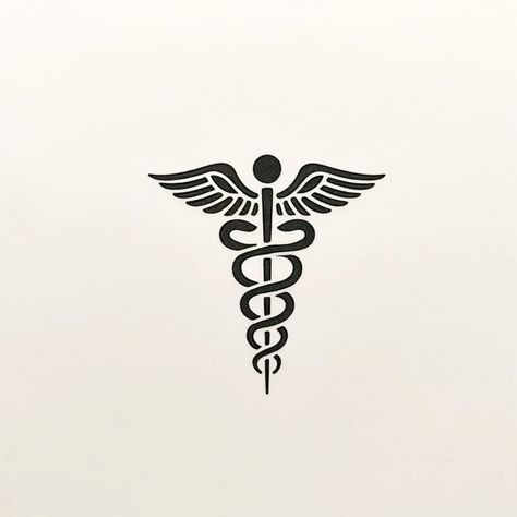 Showcase your commitment to healthcare with this elegant minimalist caduceus tattoo. A symbol of medical professionalism and healing, perfect for healthcare professionals seeking a meaningful yet discreet design. Celebrate your role in medicine with style! #minimalist #tattoo Med School Tattoo, Tattoo Ideas Healthcare, Medical Caduceus Tattoo, Medical Symbol Design, Tattoos For Medical Professionals, Nursing Symbol Tattoo, Med Logo Design, Small Stethoscope Tattoo, Physical Therapy Tattoo