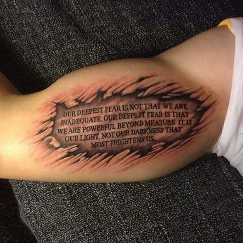 Family Over Everything Tattoo, Chest Tattoo Writing, Skin Tear Tattoo, Inside Bicep Tattoo, Ripped Skin Tattoo, Family Quotes Tattoos, Rib Tattoos For Guys, Men's Tattoos, Unique Half Sleeve Tattoos