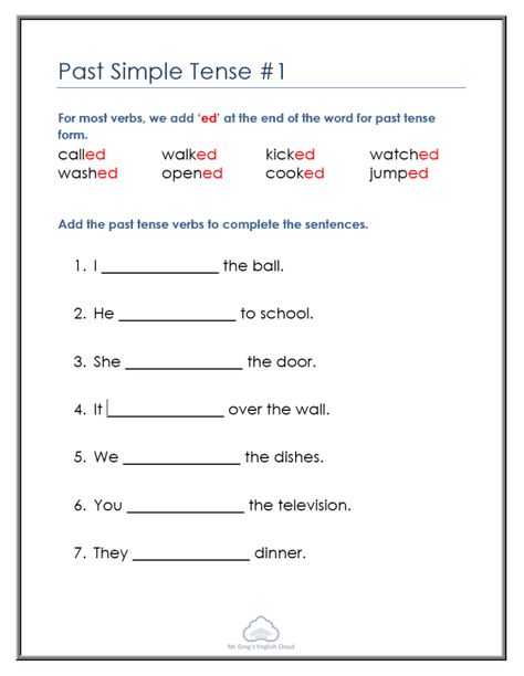 Primary Grammar Worksheets - Mr Greg's English Cloud Simple Past Tense Work Sheets, Past Simple Work Sheet, Past Tense Worksheet For Grade 1, Past Simple Worksheets For Kids, Past Tense Verbs Worksheets, Past Simple Worksheets, Simple Past Tense Worksheet, Kindergarten Grammar, Tense Worksheet