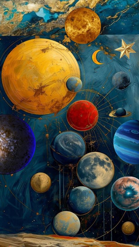 Watercolor Planets Solar System, Watercolor Solar System, Astronomical Painting, Art Deco Tarot, Solar System Aesthetic, Solar System Drawing, Cosmic Art Universe, Astral Art, Vintage Solar System