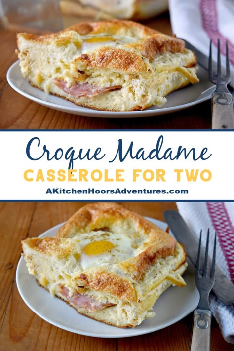 A casserole version of the traditional sandwich, this Croque Madame Casserole for Two is just as delicious. It's easy to throw together, can be made ahead of time, and easily doubled or tripled with ease. #BrunchWeek via @akitchenhoor Croque Monsieur Casserole Recipe, Croque Monsieur Casserole, Croque Madame Casserole, Casserole For Two, Croissant Bake, Mac And Cheese Recipe Soul Food, Meals For 2, Cooking A Roast, Cooking For 1