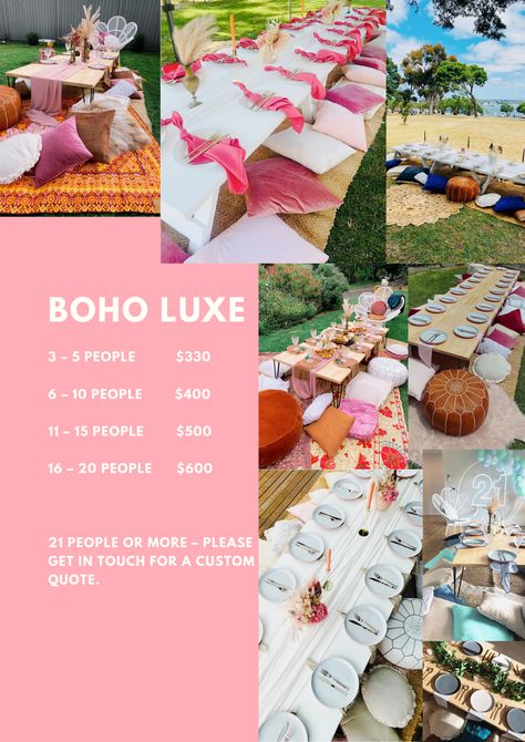 Event Planner Party Packages, Luxury Picnic Setup Ideas, Pop Up Picnic Business, Pop Up Event Ideas Small Business, Picnic Business Ideas, Pop Up Event Ideas, Party Rental Business Ideas, Luxury Picnic Business, Lux Picnic