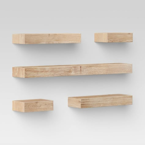 Display beautiful keepsakes, decorative ornaments or family photos in organized style with this Set of 5 Wall Shelves from Project 62™. This set of wall shelves brings space-saving storage into your home. They feature a streamlined-lined design for clean contemporary style. The neutral wood finish coordinates well with any decor, while the five floating shelves provide ample space for versatile storage and display. Arrange them any way you want to create customized styling in your home or office Cloffice Ideas, Beachy Bedroom, Traditional Shelves, Modern Wall Shelf, Nature Projects, Wall Shelf Decor, Cube Shelves, Project 62, Wood Wall Shelf