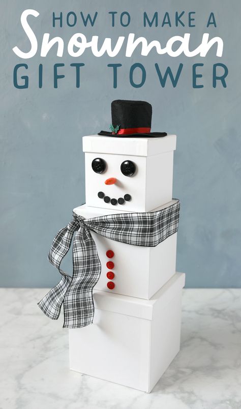 The best part of this darling snowman gift tower is that you can use it over and over again every year! The boxes nest inside of each other. Such a cute Christmas gift wrapping idea. Snowman Boxes Stackable Diy, Snowman Gift Tower Cute Ideas, Christmas Gift Tower Ideas, Snowman Wrapping Ideas, Snowman Boxes Christmas, Snowman Presents Tower, Reindeer Gift Tower, Snowman Gift Tower, Cute Christmas Gift Wrapping