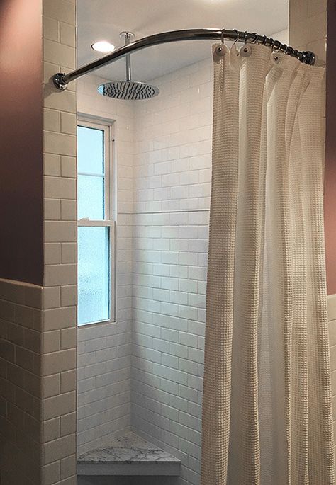 A custom bend corner shower rod for a customer in New Orleans. Finished in polished chrome with heavy round wall brackets. Corner Shower Curtain, Small Sleeping Spaces, Round Shower Curtain Rod, Corner Tub Shower, Corner Shower Curtain Rod, Double Shower Curtain Rod, Corner Bath Shower, Round Curtain Rod, Small Bathroom With Shower