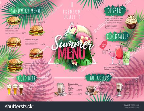 Summer Menu Design, Double Burger, Sandwich Menu, Summer Flamingo, Italian Menu, Pizza Menu, Summer Menu, Summer Pool, Cold Beer