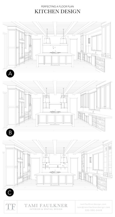 PERFECTING A KITCHEN FLOOR PLAN - ORCHARD ABODE PROJECT — Tami Faulkner Design | Custom Floor Plans, Spatial and Interior Design Services in person and online Front Kitchen Floor Plans, Tami Faulkner, Recessed Storage, Kitchen Floor Plan, Front Kitchen, Custom Floor Plans, Unique Floor Plans, Kitchen Floor Plans, Schematic Design