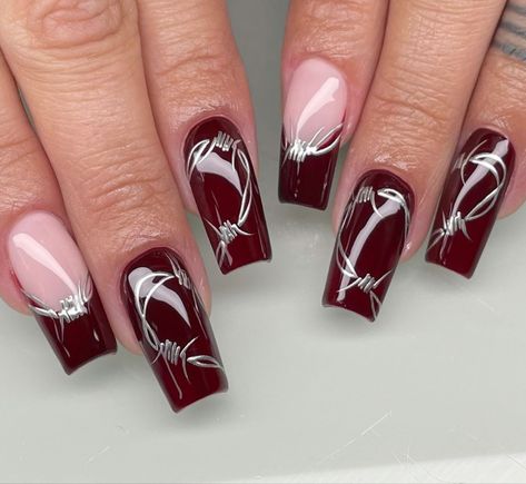 Barb Wire Nail Design, Barbed Wire Heart Nails, Burgundy Halloween Nails, Barb Wire Nails, Barbwire Nails, Burgundy And Black Nails, Barbed Wire Nails, Nirvana Nails, Etsy Nails