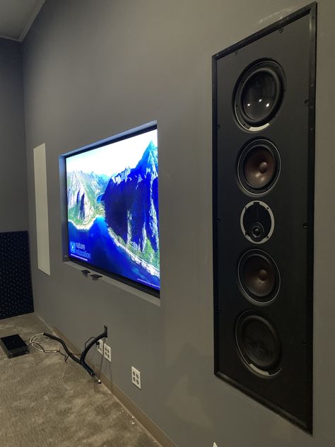 Dali in-wall speakers with 8k Samsung 82 inch Wall Speakers Living Room, Tv Unit With Speakers, Tv Screen Wall, Living Room Speakers, Theatre Rooms, Custom Entertainment Center, Wall Speakers, Room Speakers, Modern Tv Unit Designs