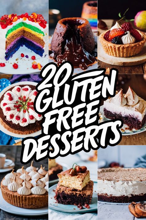 20 gluten-free desserts including cakes, tarts, and brownies. Gluten Free Desert Recipes, Gluten Dairy Free Desserts, Gluten Free Birthday Treats, Dessert For Party, Lactose Free Desserts, Low Calorie Brownies, Gluten Free Dessert Recipes, Gluten Free Party, Gluten Free Dairy Free Dessert