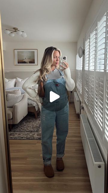 Elanna McGowan on Instagram: "I mean overalls are a must when pregnant! Why did it take me till baby #3 to get a pair 🫣🤪🤰🏼. Overalls @vinted, Cropped Sweater (old @hm), @ugg Tasmans and Bag @coccinelleofficial  #36weeks #ootd #ellepearls" Pregnant Overalls Outfit, Overalls Pregnant, Maternity Overalls Outfit, Ugg Tasmans, Maternity Overalls, 36 Weeks, Baby Uggs, Overalls Outfit, Maternity Outfits