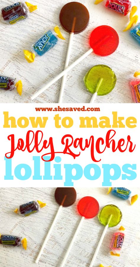 All you need is a bag of Jolly Rancher candy and a microwave and you can make these fun homemade suckers! Learn how to make Jolly Rancher lollipops quick and easy - a fun DIY candy recipe for tweens and teens - no baking involved except for the microwave. This homemade sucker recipe is perfect for birthday parties, bake sales and more! Infused Jolly Rancher, How To Make Jolly Ranchers, Jolly Rancher Suckers How To Make, Jolly Rancher Suckers Diy, How To Make Candy Kabobs Diy, How To Make Suckers Homemade Lollipops, Candy Selling Ideas, How To Melt Jolly Ranchers, Diy Suckers Lollipops