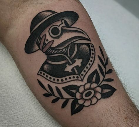 Traditional Tattoo Tombstone, Neo Trad Knee Tattoo, Traditional Plague Doctor Tattoo, Traditional Style Tattoo Black And White, Black And Gray Traditional Tattoos, Traditional Shin Tattoo, Traditional Tattoo Torch, American Traditional Black And Grey, Old School Skull Tattoo