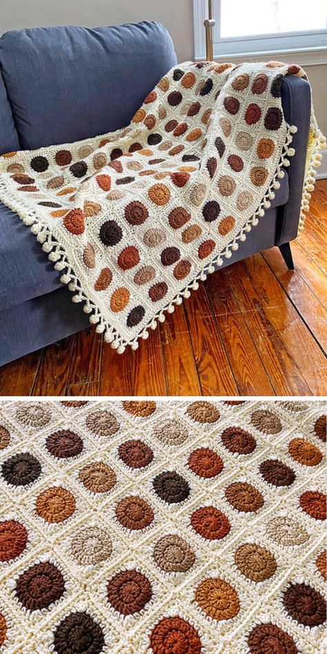 This beautiful crochet blanket by Dayna Perry is a perfect combination of granny squares and some round shapes. The retro colouring only adds up to the calming retro vibe of this design. This free crochet pattern uses the technique of join as you go when it comes to putting all those crochet squares together. That’s how on every step of the process you will have full control of your project. #freecrochetpattern #crochetpattern #crochetblanket #crochetgrannysquare Granny Square Blanket One Square, Round Crotchet Blanket, Rug Crochet Free Pattern, Square Patch Crochet Blanket, Easy Granny Square Blanket For Beginners, Retro Granny Square Blanket, Crochet Blanket Cute, Beginner Granny Square Blanket, Quilt Crochet Blanket