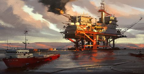 ArtStation - Oil rig sketch!, Darek Zabrocki Oil Rig Concept Art, Punk Architecture, Advanced Higher Art, Higher Art, Industrial Paintings, Building Illustration, Matte Painting, Oil Rig, High Art